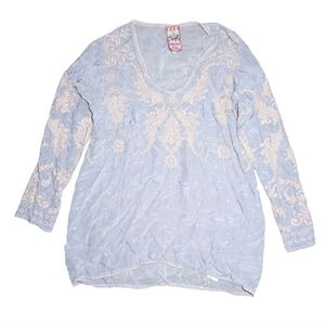 Johnny Was Gray Blue Eyelet Long Sleeve Embroidered Tunic Blouse Size M
